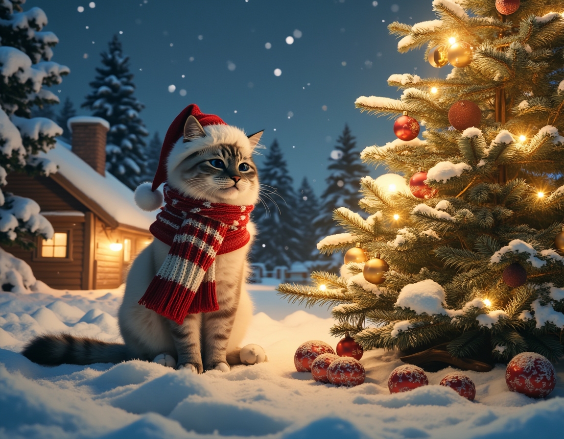 Cat sits beside a glowing Christmas tree, wearing a festive scarf and Santa hat. Snow falls gently, with a cozy cabin and snow-covered trees in the background.